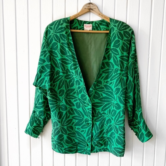 Vintage Jackets & Blazers - Vintage Silk Tropical Leaf Pattern Blazer E1876